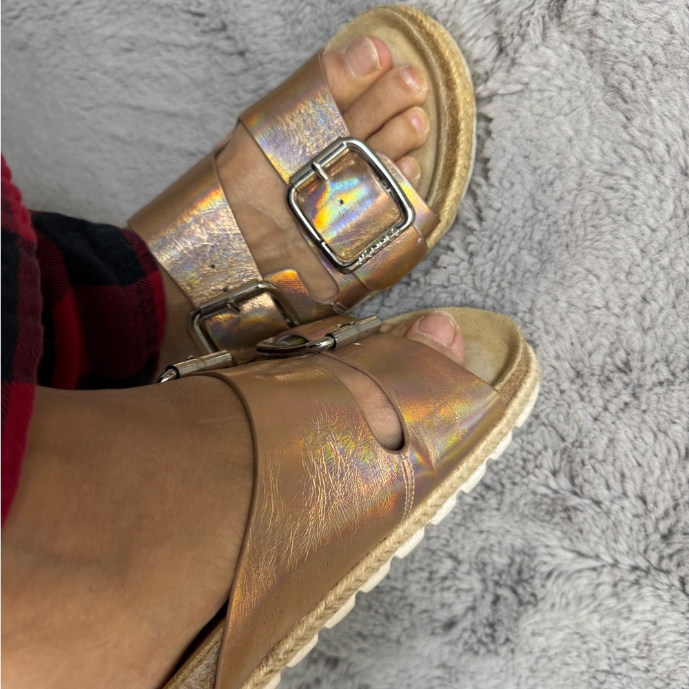 SOLD J/Slides Rose gold leather slides.